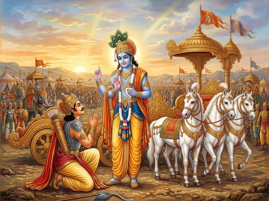 Lord Kṛṣṇa speaking the Bhagavad-gītā to Arjuna on the battlefield of Kurukṣetra