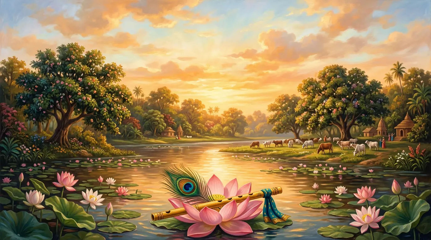 Vṛndāvana at dawn: a flute and peacock feather resting on a lotus on the Yamunā river